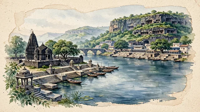 Watercolour of Nashik, India. Centered around Ramkund ghats on the sacred Godavari River, black basalt Kalaram Temple, and the ancient Pandavleni Caves on Trivashmi Hill, with Godavari River and Kalaram Temple.