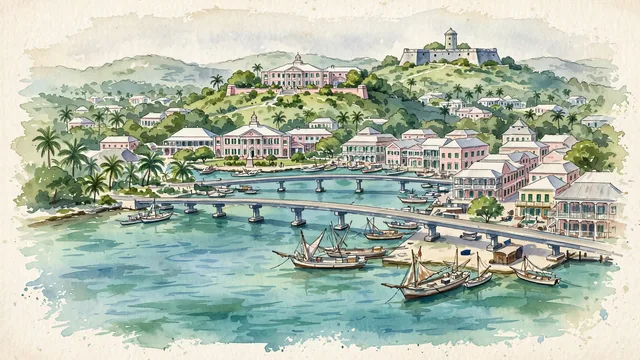 Watercolour of Nassau, The Bahamas. On New Providence Island, with Government House and Parliament Square.