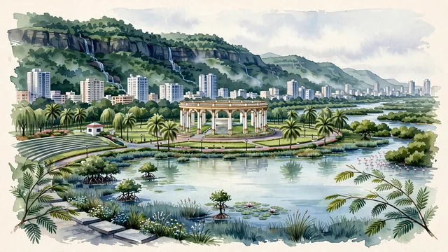 Watercolour of Navi Mumbai, India. Centered around Utsav Chowk Greco-Roman rotunda, Central Park Kharghar, and the Parsik Hill range overlooking the Thane Creek mangroves, with Utsav Chowk and Central Park Kharghar.