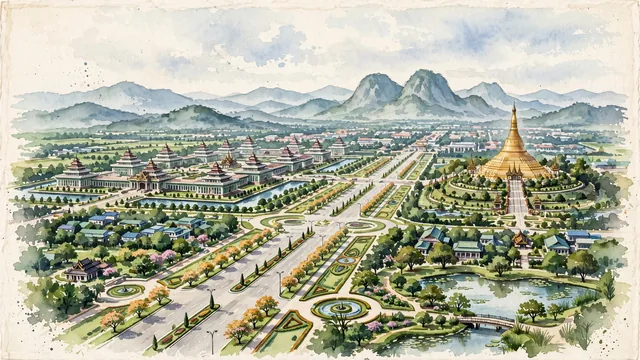 Watercolour of Nay Pyi Taw, Myanmar. The vast, meticulously landscaped city laid out across the central plains of Myanmar between the Bago Yoma and Shan Hills, with Uppatasanti Pagoda and Parliament Complex.