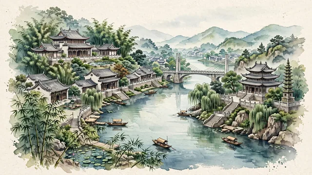 Watercolour of Neijiang, China. Centered around Zhang Daqian Memorial Hall on Mount Yuan, the curving Tuo River with stone embankments, and historic Shengshui Temple. Featuring Zhang Daqian Memorial Hall and Museum and Tuo River.