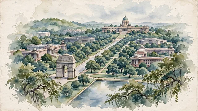 Watercolour of New Delhi, India. Edwin Lutyens' grand garden capital, with India Gate and Rashtrapati Bhavan.