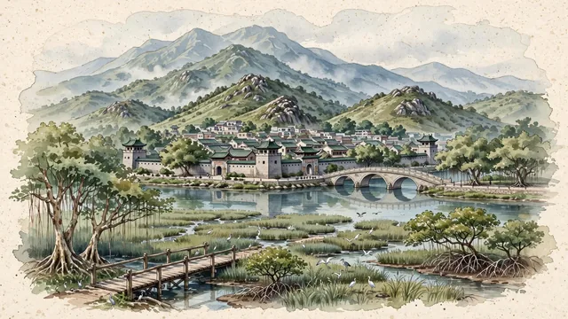 Watercolour of New Territories, Hong Kong. Centered around Tai Mo Shan mountain peaks, historic walled villages like Tsang Tai Uk, and the tranquil waterways of Shing Mun River and Mai Po wetlands, with Tai Mo Shan and Tsang Tai Uk.