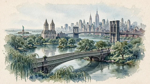 Watercolour of New York City, United States. Centered around Central Park's Bow Bridge reflecting the skyline, the Brooklyn Bridge over the East River, and the Statue of Liberty in New York Harbor, with Central Park West and Brooklyn Bridge.