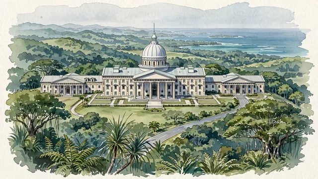 Watercolour of Ngerulmud, Palau. On Babeldaob Island, the world's least populous national capital, with Capitol Complex of Palau and the three wings of the complex.