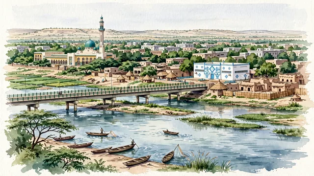 Watercolour of Niamey, Niger. The capital on the Niger River, with Grand Mosque of Niamey and Niger River.