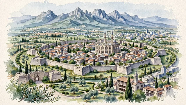 Watercolour of Nicosia, Cyprus. The divided historic capital in the Mesaoria plain, with Venetian Walls and French Gothic.
