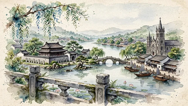 Watercolour of Ningbo, China. Centered around Tianyi Pavilion (Tianyi Ge) library courtyards, Sanjiangkou confluence, and Moon Lake (Yuehu) stone bridges, with Tianyi Pavilion and Moon Lake.