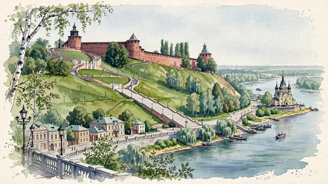 Watercolour of Nizhniy Novgorod, Russia. Centered around Nizhny Novgorod Kremlin on high bluffs, the monumental Chkalov Stairs, and the Volga-Oka confluence (Strelka), with Nizhny Novgorod Kremlin and Chkalov Stairs.
