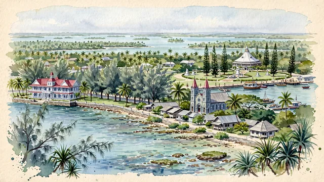 Watercolour of Nuku'alofa, Tonga. On Tongatapu Island, the historic royal capital of the Kingdom of Tonga, with Royal Palace of Tonga and Royal Tombs.