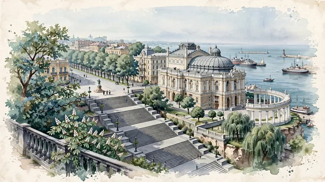 Watercolour of Odesa, Ukraine. Centered around The Potemkin Stairs descending to the Black Sea harbor, Odesa Opera and Ballet Theatre, and Primorsky Boulevard, with Potemkin Stairs and Odesa National Academic Theatre of Opera and Ballet.