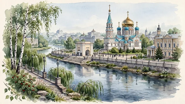 Watercolour of Omsk, Russia. Centered around Dormition Cathedral with sky-blue domes, the Irtysh River embankment, and the historic Tara Gate of Omsk Fortress. Featuring Dormition Cathedral and Tara Gate.