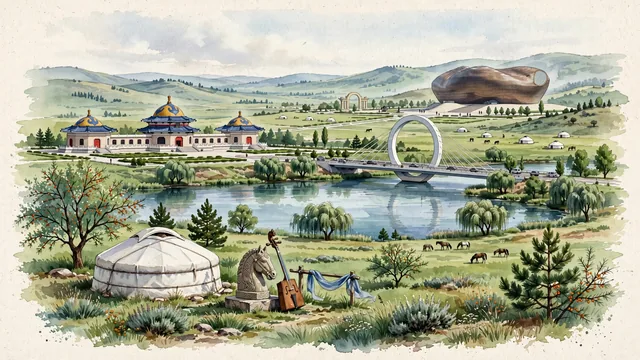Watercolour of Ordos, China. Centered around Mausoleum of Genghis Khan with yurt-shaped palaces, Ordos Museum, and the rolling grasslands of the Ordos Loop. Featuring Mausoleum of Genghis Khan and Ordos Museum.