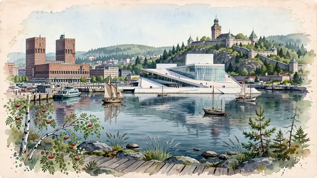 Watercolour of Oslo, Norway. Centered around Oslo Opera House sloping into the fjord, medieval Akershus Fortress, and traditional wooden sailboats in Oslofjord, with Oslo Opera House and Akershus Fortress.