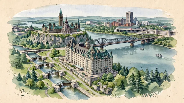 Watercolour of Ottawa, Canada. Canada's federal capital, with Library of Parliament and Fairmont Château Laurier.