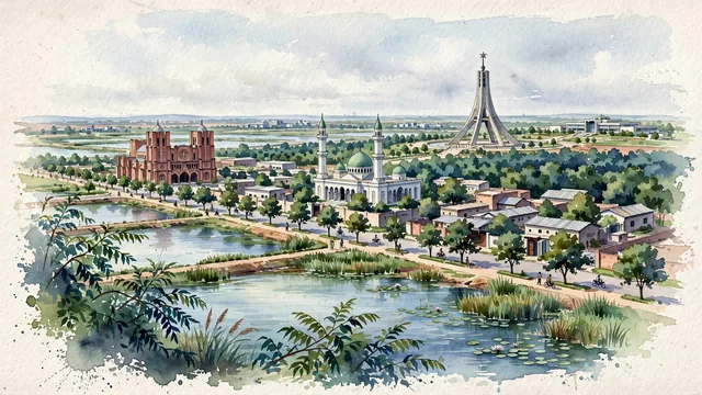 Watercolour of Ouagadougou, Burkina Faso. The historic Mossi kingdom and modern Sahelian cultural capital, with Héros Nationaux and Cathedral of the Immaculate Conception.