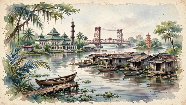 Watercolour of Palembang, Indonesia. Centered around Ampera Bridge across the Musi River, Sultan Mahmud Badaruddin II Grand Mosque, and traditional floating stilt houses (rumah rakit), with Ampera Bridge and Great Mosque of Sultan Mahmud Badaruddin II.