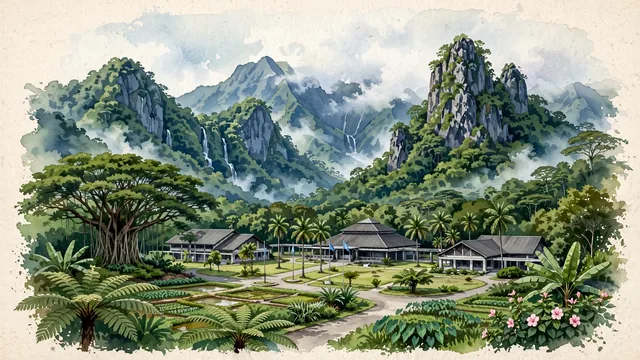Watercolour of Palikir, Federated States of Micronesia. On the island of Pohnpei, with Federated States of Micronesia National Government and Pohnpeian.