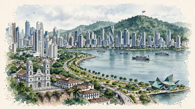 Watercolour of Panama City, Panama. The city curving along the Bay of Panama on the Pacific Ocean, where the historic, with Casco Viejo and Metropolitan Cathedral.