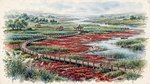 Watercolour of Panjin, China. Centered around The Red Beach (Honghaitan) crimson wetlands, wooden boardwalks, and the Liaohe River estuary with red-crowned cranes. Featuring Red Beach and Liaohe Delta.
