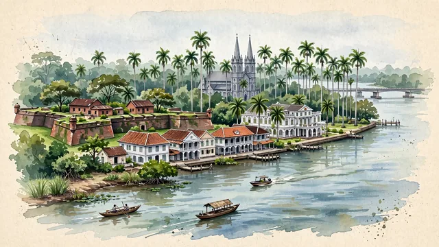 Watercolour of Paramaribo, Suriname. The unique Dutch colonial wooden capital on the Suriname River, with Waterkant and Fort Zeelandia.