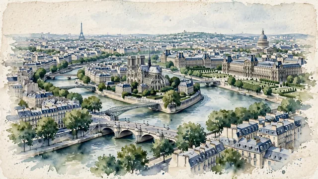 Watercolour of Paris, France. The great city unfolding along the gentle curves of the Seine River, centered around the historic river islands (Île de la Cité), with Seine River and Pont Neuf.