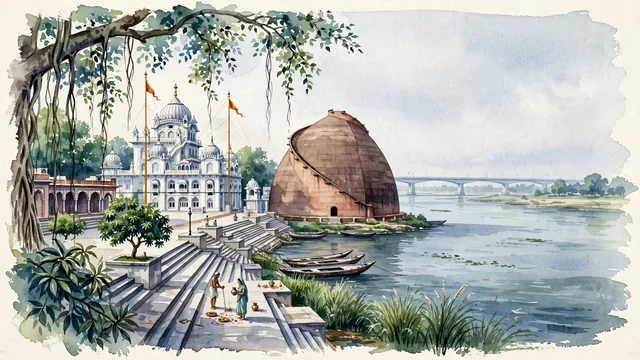 Watercolour of Patna, India. Centered around The colossal beehive-shaped Golghar, holy Ganges bathing ghats, and Takht Sri Patna Sahib, with Golghar and Takht Sri Patna Sahib.