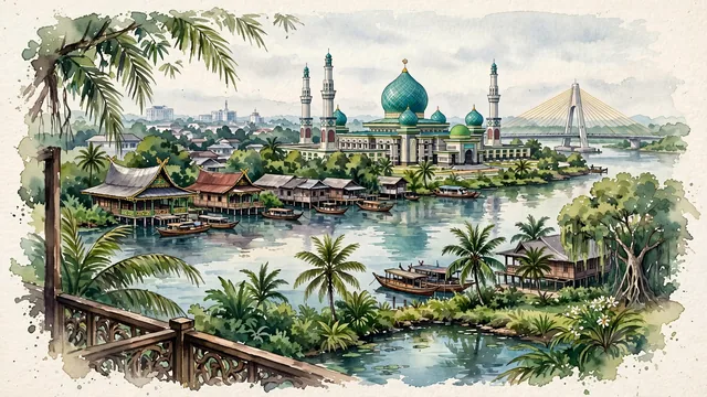 Watercolour of Pekanbaru, Indonesia. Centered around An-Nur Great Mosque with turquoise domes, the winding Siak River, and traditional Malay wooden palaces. Featuring An-Nur Great Mosque and Siak River.