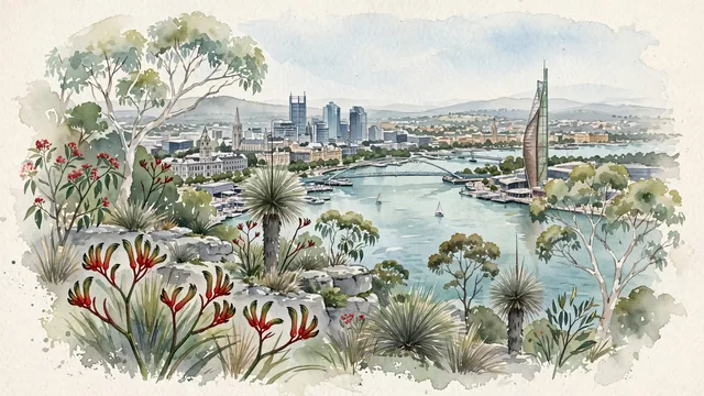 Watercolour of Perth, Australia. Centered around Kings Park on Mount Eliza overlooking the Swan River and city skyline, and the Bell Tower at Elizabeth Quay, with Kings Park and Swan Bells Tower.