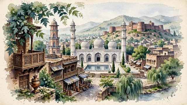 Watercolour of Peshawar, Pakistan. Centered around Mahabat Khan Mosque with white marble domes and minarets, Bala Hissar Fort, and historic Qissa Khwani Bazaar. Featuring Mahabat Khan Mosque and Bala Hissar Fort.