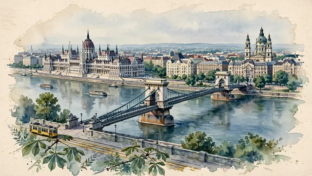 Watercolour of Pest, Hungary. Centered around Hungarian Parliament Building along the Danube River, St. Stephen's Basilica, and the Chain Bridge, with Hungarian Parliament Building and St. Stephen's Basilica.