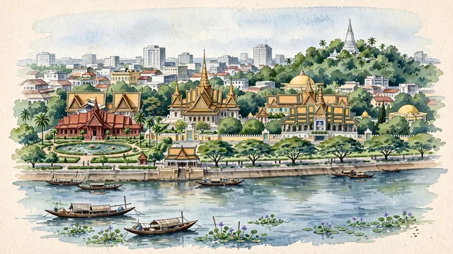 Watercolour of Phnom Penh, Cambodia. The "Pearl of Asia" situated at the Chaktomuk river junction, with Royal Palace of Cambodia and Silver Pagoda.