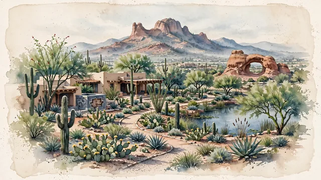Watercolour of Phoenix, United States. Centered around Camelback Mountain's red sandstone silhouette, desert saguaros, and Desert Botanical Garden paths, with Camelback Mountain and Desert Botanical Garden.