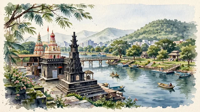 Watercolour of Pimpri-Chinchwad, India. Centered around Moraya Gosavi Temple complex, the Pavana River waterfront at Thergaon, and the Durga Tekdi green hillock, with Morya Gosavi Temple and Thergaon Boat Club.