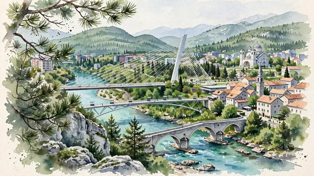 Watercolour of Podgorica, Montenegro. Situated in the Zeta Plain at the confluence of rivers, with Millennium Bridge and Old Ribnica River Bridge.