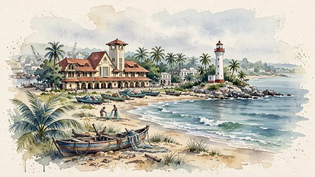 Watercolour of Pointe-Noire, Republic of the Congo. Centered around Gare de Pointe-Noire Art Deco railway station, Côte Sauvage Atlantic coastline, and the historic lighthouse, with Gare de Pointe-Noire and Côte Sauvage.