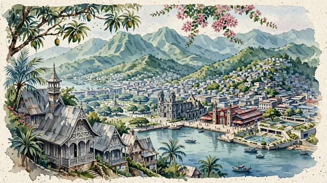 Watercolour of Port-au-Prince, Haiti. Nestled in the Gulf of Gonâve amphitheater, with Champs de Mars and Cathédrale Notre-Dame.