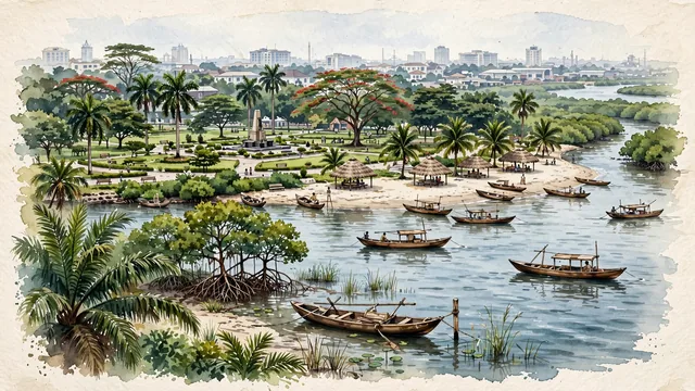 Watercolour of Port Harcourt, Nigeria. Centered around Isaac Boro Park, the Bonny River estuary with traditional wooden boats, and Port Harcourt Tourist Beach. Featuring Isaac Boro Park and Bonny River.