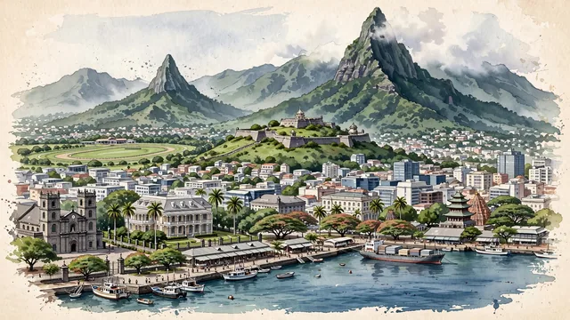 Watercolour of Port Louis, Mauritius. The historic Indian Ocean island capital, with Moka Range and Caudan Waterfront.