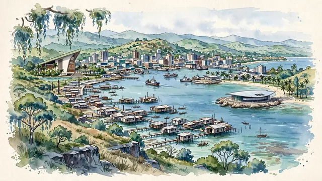 Watercolour of Port Moresby, Papua New Guinea. Situated along the Gulf of Papua, with National Parliament House and Fairfax Harbour.