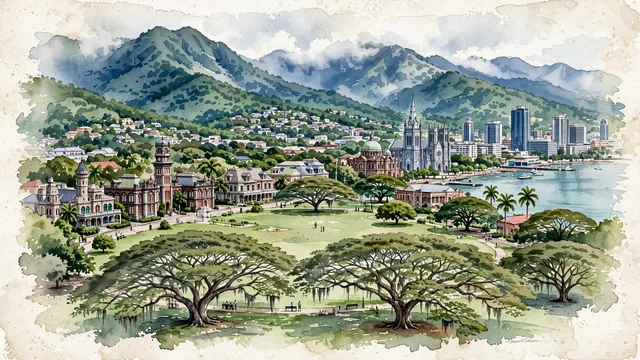 Watercolour of Port of Spain, Trinidad and Tobago. The bustling southern Caribbean capital on the Gulf of Paria, with Queen's Park Savannah and Victorian-Baroque Queen's Royal College.