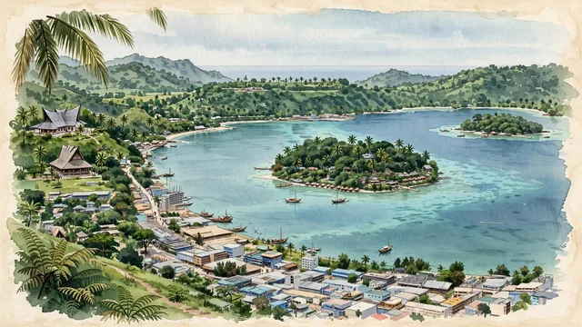 Watercolour of Port-Vila, Vanuatu. On Efate Island, the South Pacific island capital, with Iririki Island and Lini Highway.