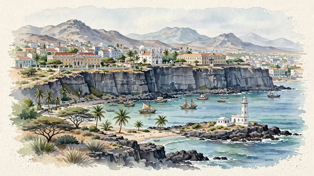 Watercolour of Praia, Cape Verde. On Santiago Island, with Plateau and the historic Portuguese colonial architecture of the Plateau.