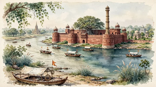 Watercolour of Prayagraj, India. Centered around Triveni Sangam confluence with wooden pilgrim boats, the sandstone ramparts of Allahabad Fort, and Khusro Bagh. Featuring Triveni Sangam and Allahabad Fort.