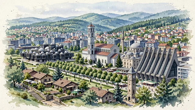 Watercolour of Pristina, Kosovo. Situated on the rolling plain of Kosovo, with National Library of Kosovo and Cathedral of Saint Mother Teresa.