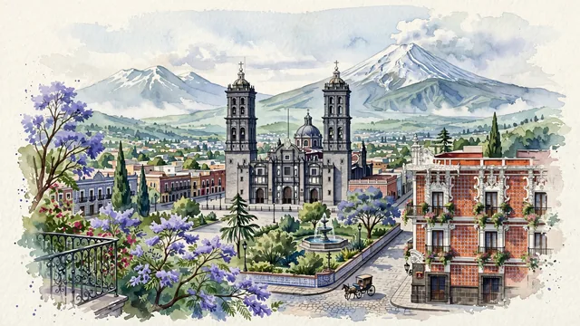 Watercolour of Puebla, Mexico. Centered around Puebla Cathedral on the Zócalo, colorful Talavera-tiled colonial facades, and the snow-capped Popocatépetl volcano, with Puebla Cathedral and Popocatépetl.