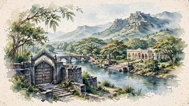 Watercolour of Pune, India. Centered around Shaniwar Wada fortress gate, Aga Khan Palace with Italianate arches, and Sinhagad Fort on Sahyadri ridges. Featuring Shaniwar Wada and Aga Khan Palace.