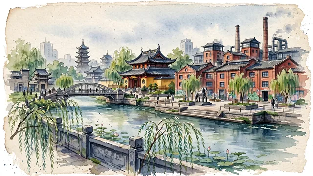 Watercolour of Putuo, China. Centered around Jade Buddha Temple courtyards, Suzhou Creek waterfront with M50 art district, and Zhenru Temple's Yuan Dynasty hall. Featuring Jade Buddha Temple and Suzhou Creek.