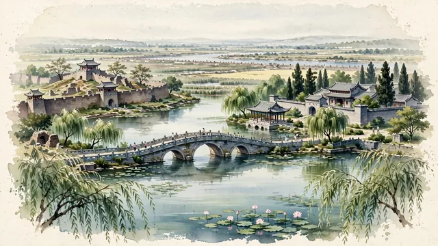 Watercolour of Puyang, China. Centered around Qicheng Ancient City ruins with Emperor Zhuanxu memorial pavilions, Longhu Lake with arched stone bridges, and the Yellow River flood plain. Featuring Qicheng Ancient City and Emperor Zhuanxu and Emperor Ku Mausoleum.