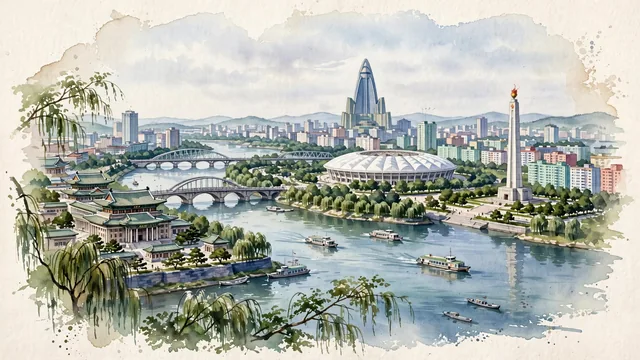 Watercolour of Pyongyang, North Korea. Centered on the Taedong River, with Ryugyong Hotel and Juche Tower.